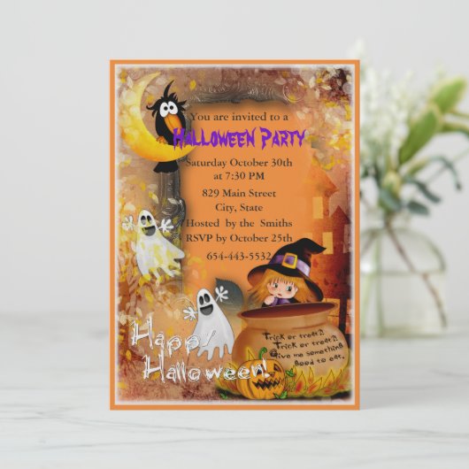 Kleine heks en spookfeest uitnodiging (Staand voorkant)