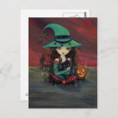 Kleine heks en zwarte kat Halloween Briefkaart (Voorkant / Achterkant)