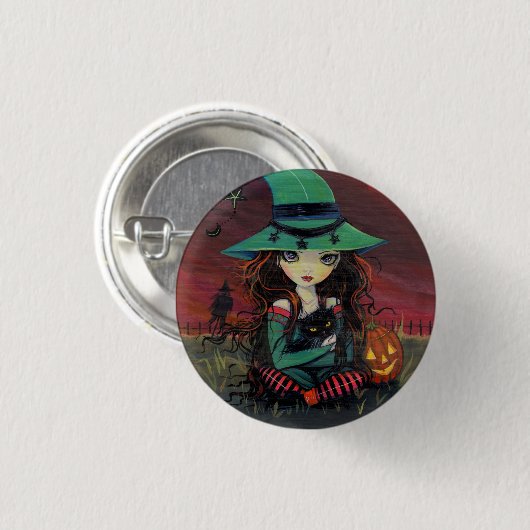 Kleine heks en zwarte kat Halloween Button (Voorkant /achterkant)