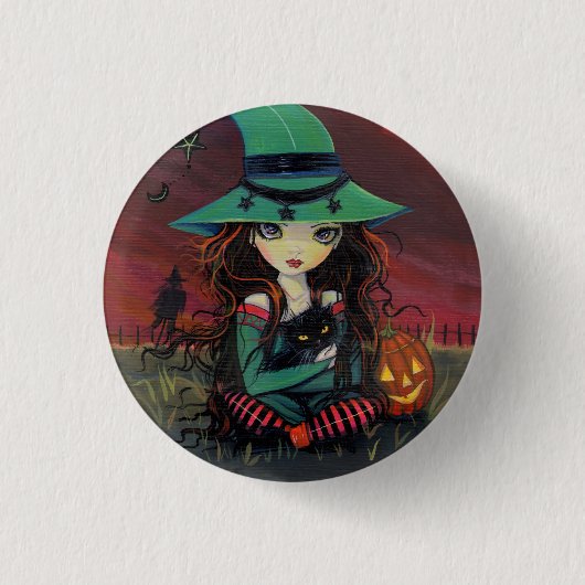 Kleine Heks en Zwarte Kat Halloween Knop Ronde Button 3,2 Cm (Voorkant)