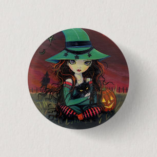 Kleine Heks en Zwarte Kat Halloween Knop Ronde Button 3,2 Cm