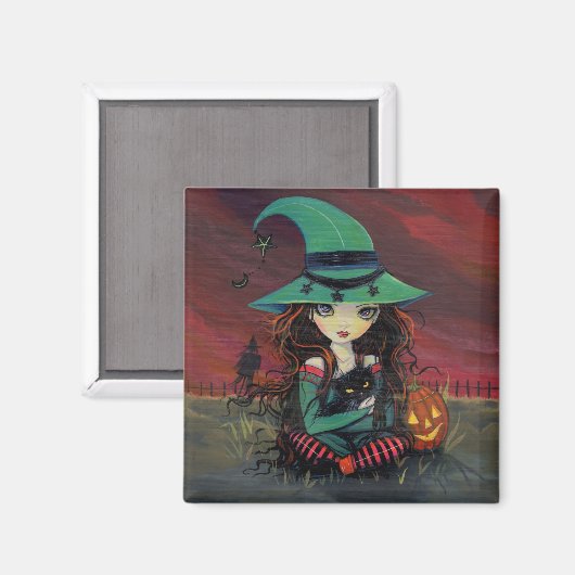 Kleine Heks en Zwarte Kat Halloween Magnet (Voorkant / Achterkant)