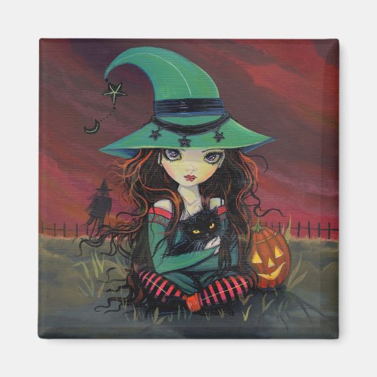 Kleine Heks en Zwarte Kat Halloween Magnet (Voorkant)