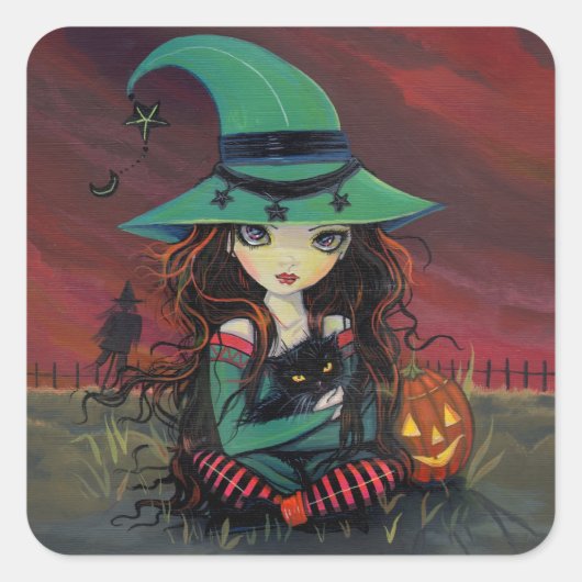 Kleine heks en zwarte kat Halloween Stickers (Voorkant)