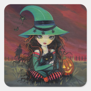 Kleine heks en zwarte kat Halloween Stickers