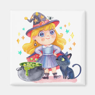 Kleine heks en zwarte kat magneet