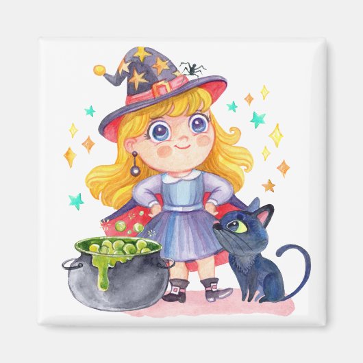 Kleine heks en zwarte kat magneet (Voorkant)