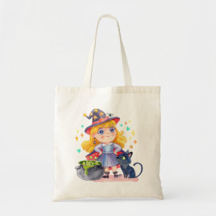 Kleine heks en zwarte kat tote bag