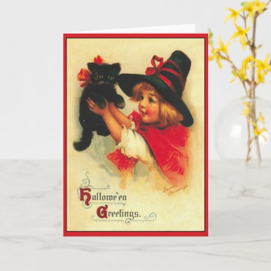 Kleine Heks en Zwarte Kat Vintage Halloween Kaart (Gele Bloem)