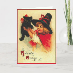 Kleine Heks en Zwarte Kat Vintage Halloween Kaart