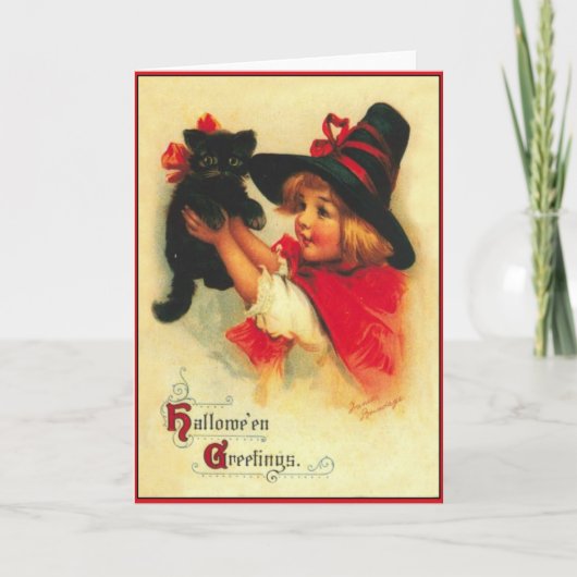 Kleine Heks en Zwarte Kat Vintage Halloween Kaart (Voorkant)