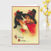 Kleine Heks en Zwarte Kat Vintage Halloween Kaart (Gele Bloem)