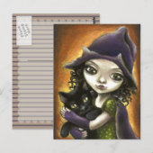 Kleine heks en zwarte kitten briefkaart (Voorkant / Achterkant)
