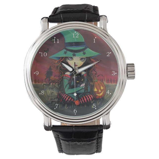 Kleine heks Halloween Fantasy Kunst Horloge (Voorkant)