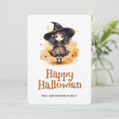 Kleine heks in een Pet Kinder Happy Halloween Kaar Feestdagenkaart (Staand voorkant)
