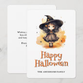 Kleine heks in een Pet Kinder Happy Halloween Kaar Feestdagenkaart (Voorkant / Achterkant)