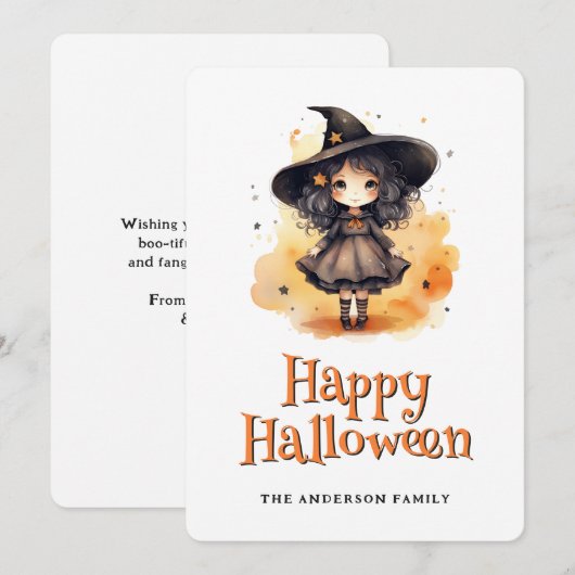 Kleine heks in een Pet Kinder Happy Halloween Kaar Feestdagenkaart (Voorkant / Achterkant)