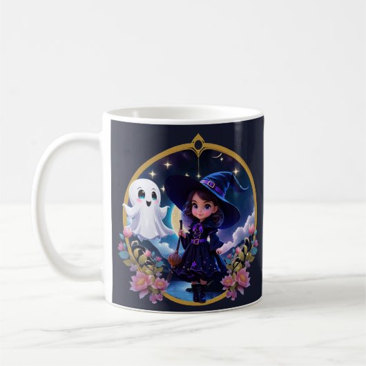 Kleine heks met grote, sprankelende ogen. koffiemok (Links)