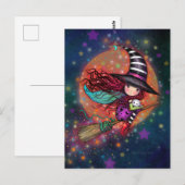 Kleine heks op bezems met haar kat briefkaart (Voorkant / Achterkant)