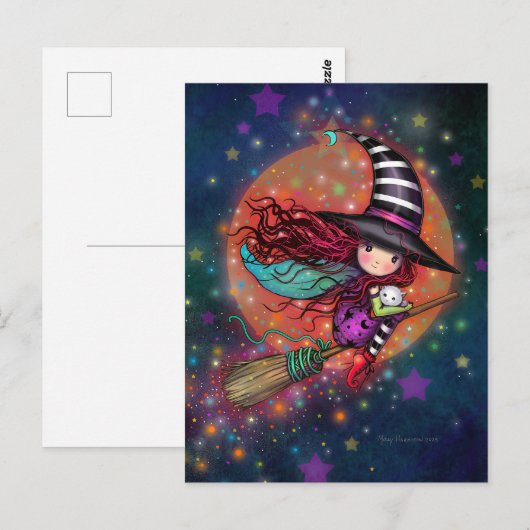 Kleine heks op bezems met haar kat briefkaart (Voorkant / Achterkant)