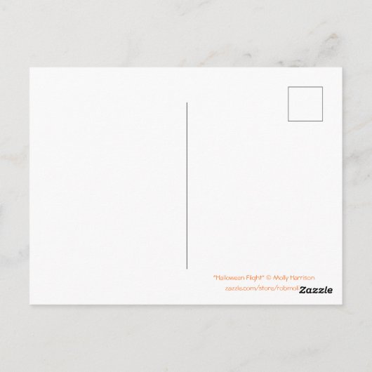 Kleine heks op bezems met haar kat briefkaart (Achterkant)