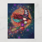 Kleine heks op bezems met haar kat briefkaart (Voorkant)