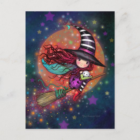 Kleine heks op bezems met haar kat briefkaart (Voorkant)