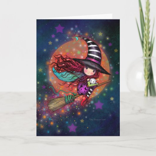 Kleine heks op bezems met haar kat kaart (Voorkant)
