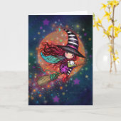 Kleine heks op bezems met haar kat kaart (Gele Bloem)