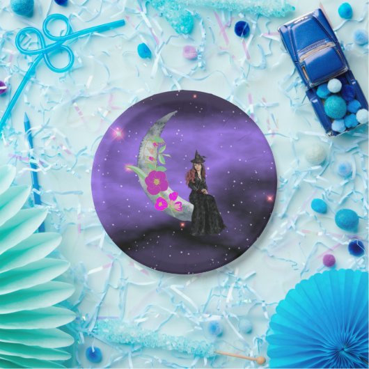Kleine heks op Crescent Moon met bloemen Papieren Bordje (Feest)