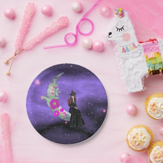 Kleine heks op Crescent Moon met bloemen Papieren Bordje (Feest)