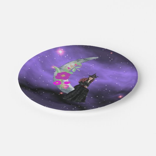 Kleine heks op Crescent Moon met bloemen Papieren Bordje (Gekanteld)
