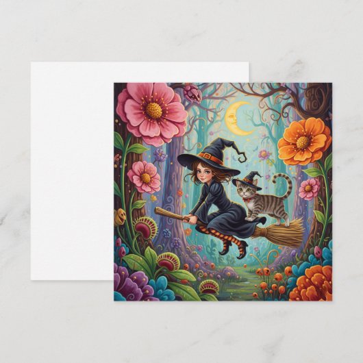 Kleine heks op de bezem en kat Halloween Feestdagenkaart (Voorkant / Achterkant)