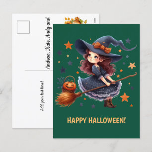 Kleine heks op haar bezem - Happy Halloween Feestdagenkaart