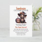 Kleine heks Samhain oogsten Halloween Party Kaart (Staand voorkant)