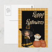 Kleine heks & witte kat Halloween Briefkaarten D10 (Voorkant / Achterkant)