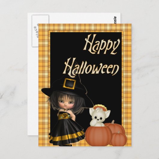 Kleine heks & witte kat Halloween Briefkaarten D10 (Voorkant / Achterkant)