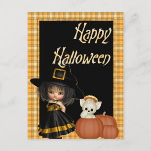 Kleine heks & witte kat Halloween Briefkaarten D10