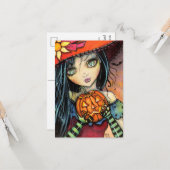 Kleine Heksen Halloweenansichtkaarten Kaart (Voorkant / Achterkant in situ)
