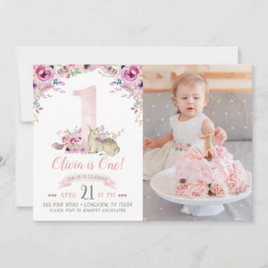 Kleine Herten Eerste Verjaardagsfeest Foto uitnodi Kaart (Voorkant)