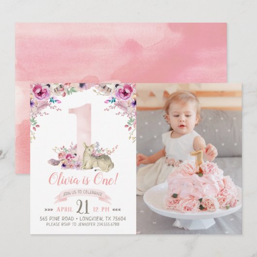 Kleine Herten Eerste Verjaardagsfeest Foto uitnodi Kaart (Voorkant / Achterkant)