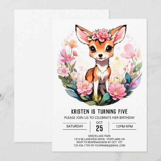 Kleine Herten Meisje Verjaardag Uitnodiging (Voorkant / Achterkant)