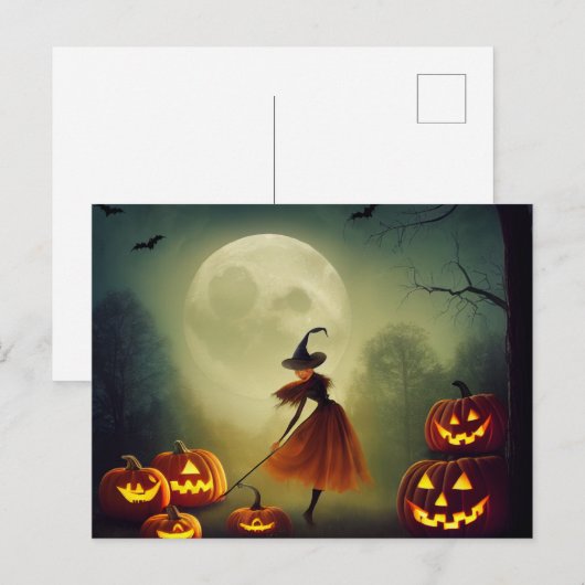Kleine Hexe tanzt zwischen Halloween Kürbissen Briefkaart (Voorkant / Achterkant)