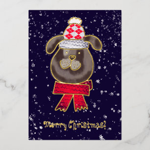 Kleine hond met gebreid pet en sjaal folie uitnodiging