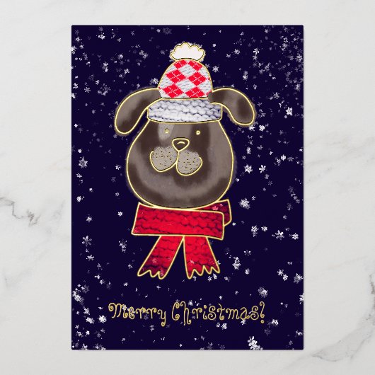 Kleine hond met gebreid pet en sjaal folie uitnodiging (Voorkant)