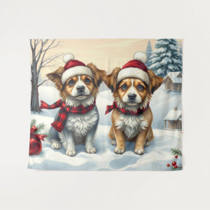 Kleine honden in stijlvolle winterkleding en hoed  wandkleed