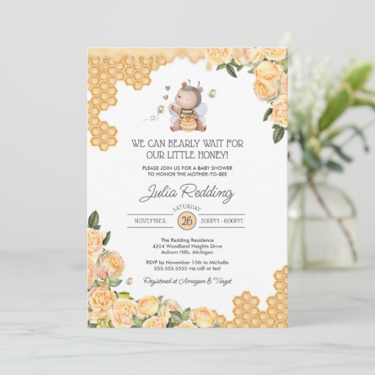 Kleine honing-Beer en bijengeel Baby shower Kaart (Staand voorkant)