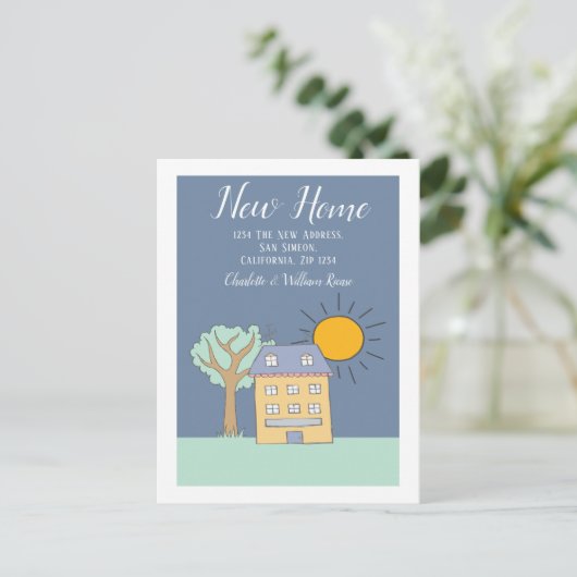 Kleine huis en boom met Sun New Home Aankondigingskaart (Staand voorkant)