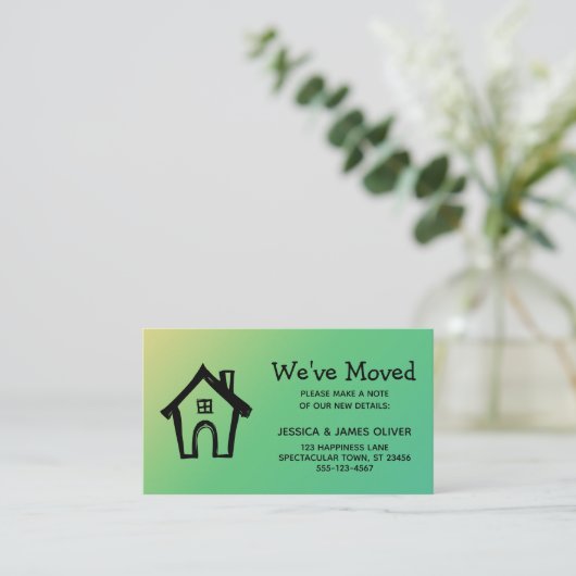Kleine huis "We hebben verplaatst" Geel Groen Ombr Visitekaartje (Staand voorkant)