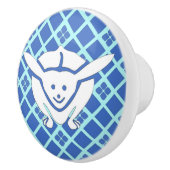 Kleine Japanse konijn, blauwe achtergrond Keramische Knop (Rechts)